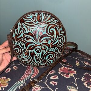 Patricia Nash Turquoise Brown Circular Crossbody Shoulder Bag